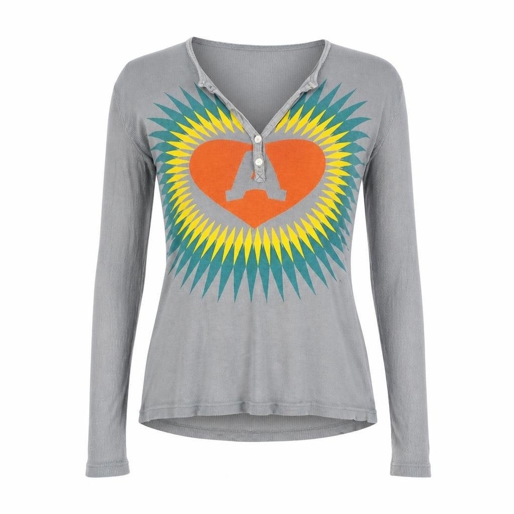 Vintage Y2K Custo Barcelona Top Womens 4 Gray Heart Sunburst Graphic L/S Henley